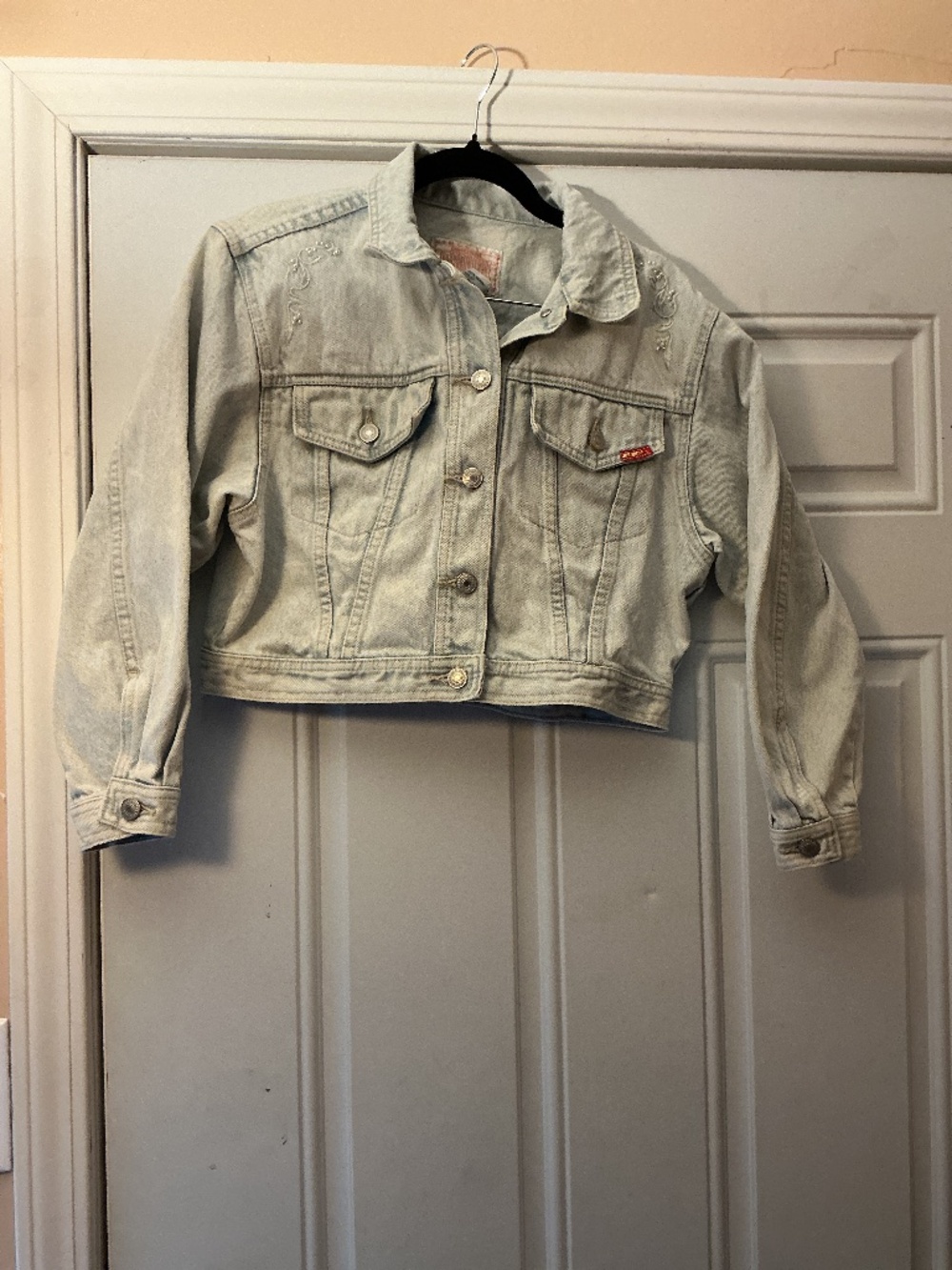 Jordache Cropped Light Blue Embroidered Beaded Jean Jacket